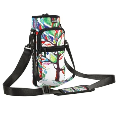Afbeelding van Nuovoware Draagtas voor waterflessen, 710 ml, flessenhouder, verstelbare schouderriem, 2 zakken, neopreen hoes sportwaterflessen, tas mannen, vrouwen, wandelen, reizen, Lucky Tree