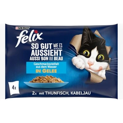 Afbeelding van FELIX Zo goed als het eruit ziet kattenvoer nat in gelei, met tonijn en kabeljauw, 12 stuks (12 x 4 zakjes à 85 g)