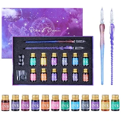 Afbeelding van glazen kalligrafie pennen 2 stuks 12 x 7 ml Coulours inkt 1 penhouder en schoonmaakbeker pennenset voor handtekeningen tekenen schrijven Kerstmis cadeau