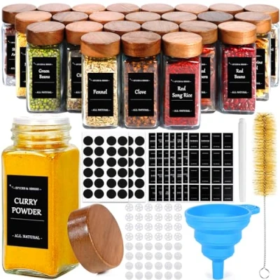 Afbeelding van MOYKSRR Kruidenpotjesset, Vierkante Kruidenpotjes met Houten Deksel [24 x 120 ml] Kruidenpotjes, Glazen Kruidencontainers, Filter, Etiketten, Siliconen Trechter, Reinigingsborstel