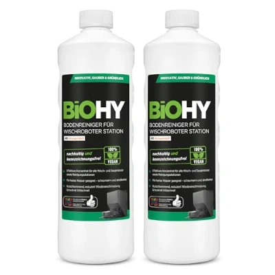 Afbeelding van BiOHY Vloerreiniger voor dweilrobot station met sinaasappelgeur (2 x 1 liter), reinigingsmiddel concentraat alle wis en zuigrobots natte functie, schuim arm streepvrij, vloeren
