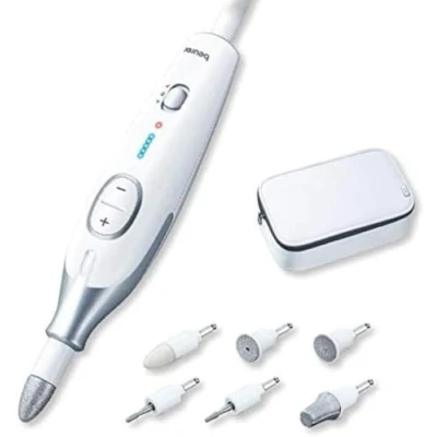 Afbeelding van Beurer MP 42 Elektrische nagelvijl Nagelfrees Electrische manicure en Pedicureset 7 Opzetstukken Beschermkap Magic LED display Traploos instelbaar Netvoeding = kracht Opbergetui 3 Jaar garantie Wit/zilver