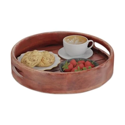 Afbeelding van Relaxdays dienblad rond Ø 36 cm met handvaten voor koffie mangohout