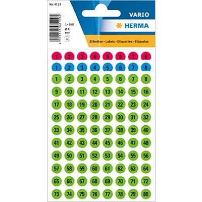 Afbeelding van HERMA 4129 cijfer stickers 1 160, rond (Ø 8 mm, 6 vellen, papier, mat) zelfklevend, permanent klevende nummer sticker, 480 etiketten, Meerkleurig