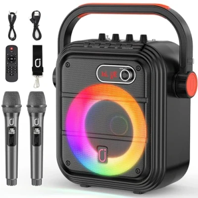 Afbeelding van JYX karaoke machine met 2 draadloze microfoons, set PA systeem hoogte/bas, draagbare bluetooth luidspreker RGB licht, ondersteunt live overdracht/bewaking, geschikt voor volwassenen en