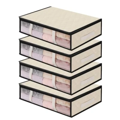 Afbeelding van opbergbox voor onder het bed, Set van 4 opbergboxen bed met kijkvenster en handgrepen, 60 x 45 15 cm, opvouwbare opbergzak kleding, dekens, dekbedden