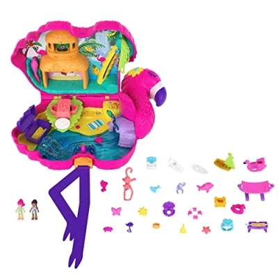 Afbeelding van Polly Pocket HJN76 Flamingo Party Grote speelset met 26 accesoires, Pop + Swap, Tropical Speelgebieden: palmglijbaan, schommel, watergebied en meer, vanaf 4 jaar