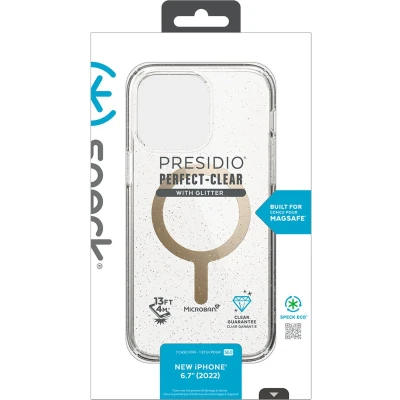 Afbeelding van Speck hoesje geschikt voor Apple iPhone 15 Plus en 14 Kristalhelder MagSafe Valbescherming tot 4 meter Microban Antibacterieel Presidio Perfect Clear lijn Goud Transparant