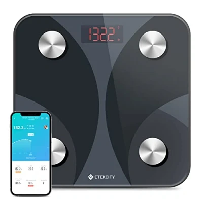 Afbeelding van ETEKCITY Lichaamsvetweegschaal, ultraslanke slimme weegschaal, app 12 lichaamsgegevens, analyses BMI, gewicht, spiermassa, water, eiwitten, BMR enz. iOS &amp; Android, 180 kg/400 lb/28 stuks, zwart, 5 kg