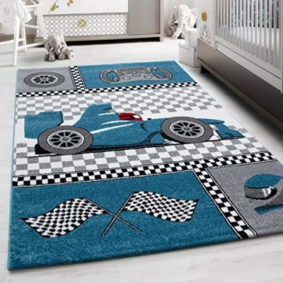 Afbeelding van Teppium Kindertapijt Blauw, Ontwerp van raceauto, 3374, Vloerkleed Rechthoekig, kinderkamer babykamer, 120 x 170 cm