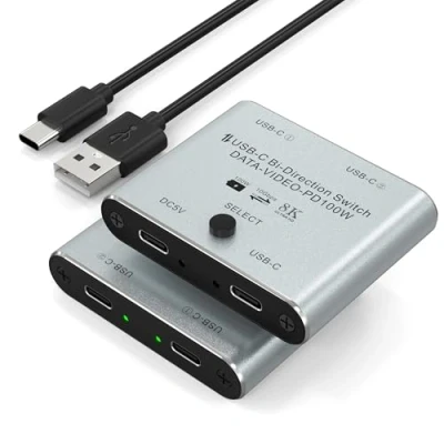 Afbeelding van 8K USB C Switch Switcher voor 2 computers Bi Directionele KVM Splitter 8K@60Hz/4K@144Hz video overdracht+100W opladen+10Gbps data, met stroomkabel
