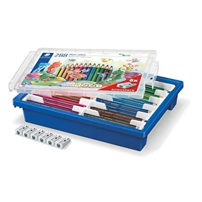 Afbeelding van STAEDTLER Noris kleurpotlood, verhoogde breukvastheid, driehoekige vorm, ergonomisch zacht oppervlak, WOPEX materiaal, set met 288 potloden in 12 kleuren en 6 puntenslijpers, klassenset, 187 G288