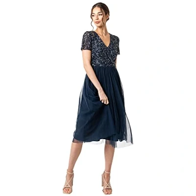Afbeelding van Maya Deluxe Dames Verfraaide Midi Avondjurk V hals met Korte Mouw voor Prom Bruiloft Bruidsmeisje, marineblauw, 38