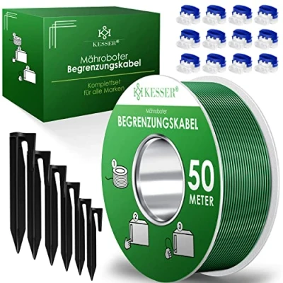 Afbeelding van KESSER® begrenzingskabel 50 m + 200 grondspiezen 12 kabelconnectoren voor robotmaaier grasmaaier, accessoireset, begrenzingsdraad, compatibel met Gardena/Bosch/Worx/Einhell/Honda/ROBOMOW
