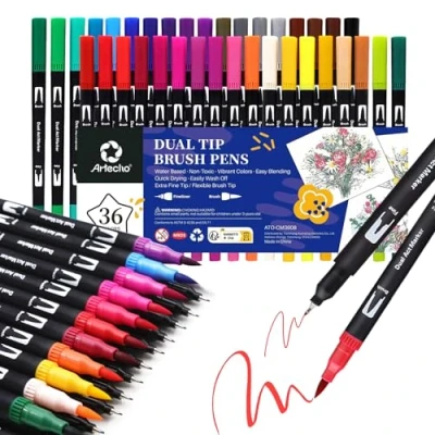Afbeelding van Artecho 36 Dual tip Brush Pennen, Kleurpennen pennen voor Volwassene, Kleurboeken, Kalligrafie, Tekenen, Schetsen, nylon Kunstenaars, Beginners