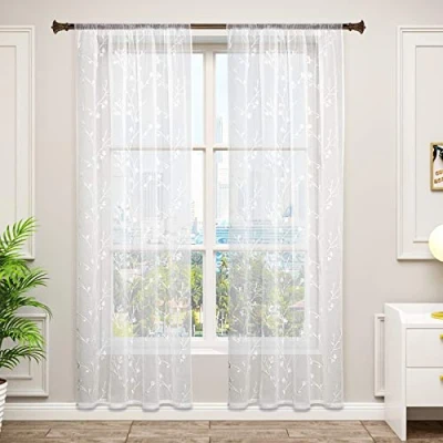 Afbeelding van WOLTU VH6057ws 2,2 Transparante Bloemenborduurgordijnen met krulband in linnenlook,Doorschijnend gordijn 140x245cm decoratief voor woonkamer,Wit