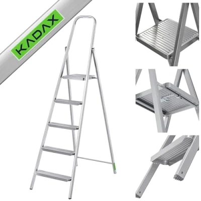 Afbeelding van KADAX Eenzijdige stalen ladder met antislipvoeten, trapladder, plank, vouwladder, huishoudladder brede treden (5 treden)