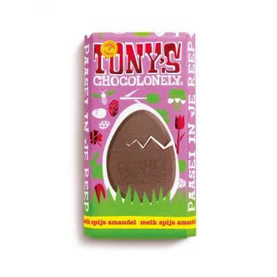 Afbeelding van Tony&#039;s Chocolonely Melk Chocolade Reep Pasen Spijs Nootjes Amandel Paas Cadeau Paascadeautjes voor Kinderen Fairtrade Choclade 180 gram