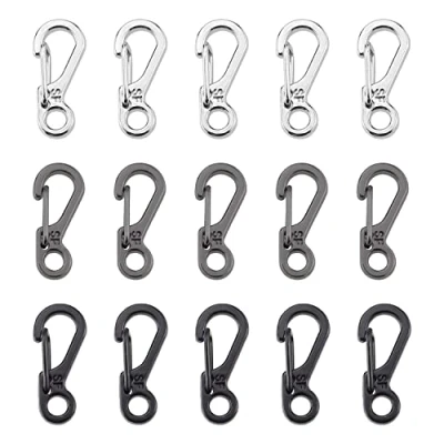 Afbeelding van Rayong karabijnhaken, klein, 15 stuks, mini SF aluminium karabijnsluiting, rugzaksluiting, voor camping, reizen, sleutelhanger, 3 kleuren