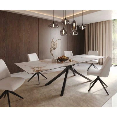 Afbeelding van DELIFE Eetkamertafel Edge 300x100 keramiek Minas Melange wit beige kruisframe rechthoek zwart