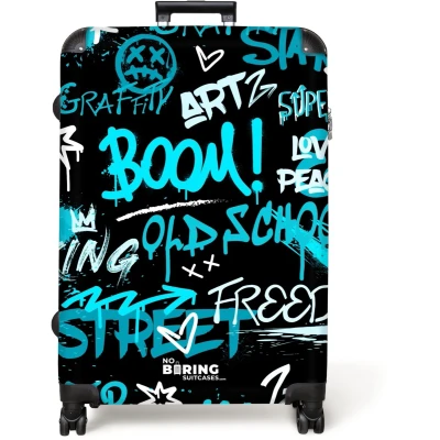 Afbeelding van NoBoringSuitcases.com® Koffer groot Reiskoffer lichtgewicht Street art kunstwerk met blauwe teksten Rolkoffer 4 wielen Grote trolley XL 98 liter bagage