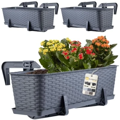 Afbeelding van KADAX Bloembakset, balkonbak van kunststof, plantenbak voor bloemen en kruiden, duurzame balkonpot, balkon, 60 cm, set 3, grafiet