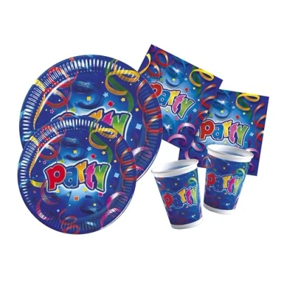 Afbeelding van Ciao Party Table Set Streamers 8 people (44 pcs: paper plates Ø23cm, Ø20cm, plastic cups 200ml, 20 napkins 33x33cm), Y4331