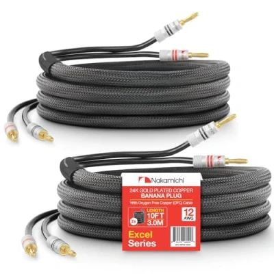 Afbeelding van Nakamichi Excel serie 24K vergulde bananenstekker 99,9% zuurstofvrij koper (OFC) zwaar gevlochten voor luidsprekerkabel versterker, in de muur CL2 beoordeeld Zwart (12AWG / 10ft 3,0 m) 2 Pack