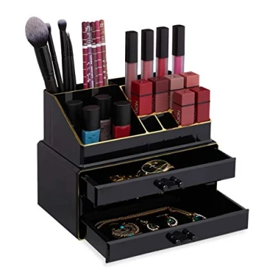 Afbeelding van Relaxdays make up organizer klein stapelbaar sieradendoosje cosmetica opbergbox zwart goud