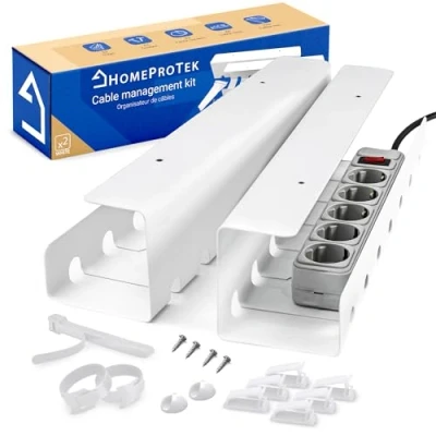 Afbeelding van HOMEPROTEK kabeldoorvoer voor bureau netjes kabelbeheer, set van 2 wit kabelhouder met eenvoudige montage, 43 x 10 cm kabelorganizer, thuiskantoor