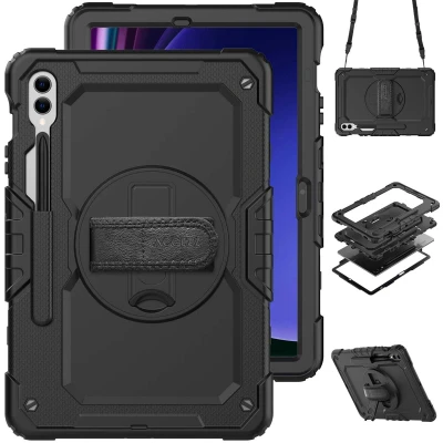 Afbeelding van Samsung Galaxy Tab S9 FE Plus Hoes: Accezz Rugged Backcover Shoulder Strap Backcover,Hardcase Zwart Kunststof Tablet Hoezen