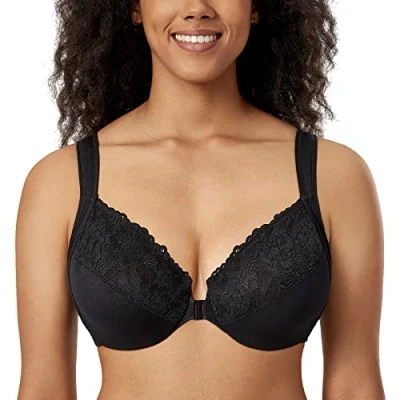 Afbeelding van DELIMIRA Dames Voorsluiting BH met beugel Kant Large Size Volledige cups zonder inzetstukken zwart 90C