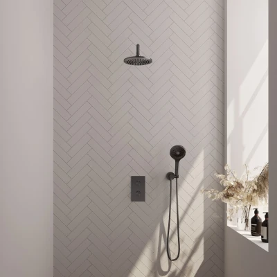 Afbeelding van BRAUER Gunmetal Carving thermostatische inbouw regendouche 3 weg omstelling SET 33 met 20 cm douchekop en gebogen muurarm standen handdouche