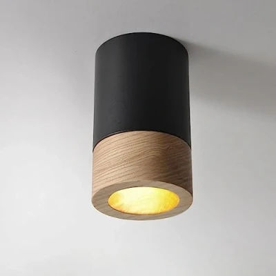 Afbeelding van ouglres Moderne plafondlamp, kleine matzwart, 1 vlam, plafondspot van metaal, hout, stijlvolle plafondlamp design Gu10, voor woonkamer, slaapkamer, hal, keuken, eenvoudige montage