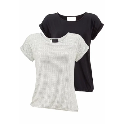 Afbeelding van Lascana 2 pack Tshirt print offwhitegemustert+schwarzuni, Dames, Maat: 40/42, Offwhite gemustert+schwarz uni
