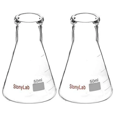 Afbeelding van StonyLab (2 Stuks) 50 ml Erlenmeyer Glazen Kolven met Smalle Mond en Stevige Rand (50 Past 4# Rubberen Stop)
