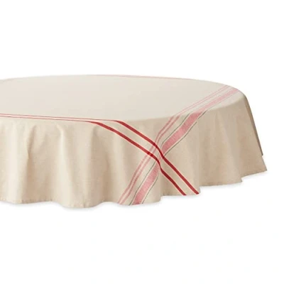 Afbeelding van DII Franse Stripe Eettafel Collectie Boerderij Stijl Tafelkleed, 70 Inch Rond, Taupe/Rood