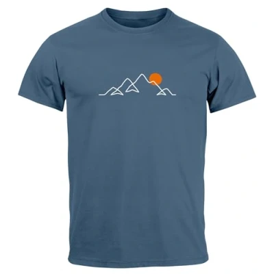 Afbeelding van Neverless® Heren T shirt Frontprint Line Art Bergen Wandelen Natuur Outdoor Fashion Streetstyle, Berg Denim Blue, S