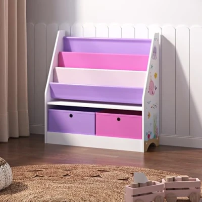 Afbeelding van Kinderkast Neda boekenkast voor kinderen met 3 opbergvakken speelgoedopbergkast 2 vouwdozen staand 74x71x23 cm wit lila roze