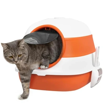 Afbeelding van PawHut kattenbak met deksel, incl. deodorant, bodemrooster, strooischep, grote binnenruimte voor katten tot 5 kg, wit + oranje, 52 x 41 38 cm