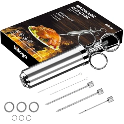 Afbeelding van Roestvrij stalen vleesspuit, marinierspuit, BBQ braadspuit met 3 naalden, 60 ml kruidenspuit voor rundvlees, kip, gebak jam te vullen, 304 roestvrijstalen uitvoering (zilver)