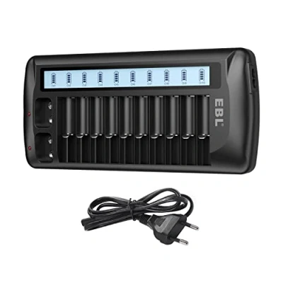 Afbeelding van EBL LCD universele batterijlader voor AA/AAA/9V/Li Ion/NiMH/NiCd oplaadbare batterijen, 12 oplaadslots
