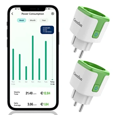 Afbeelding van GreenSun WLAN stopcontact met stroommeting, Alexa stopcontact, VeSync app, timer, energiekostenmeter, spraakbesturing spraakbediening, 2,4 GHz, 2 stuks