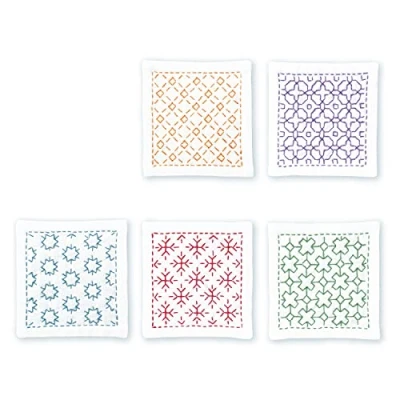 Afbeelding van Olympus Thread Hitomezashi sashiko borduurpakket onderzetters wit 5 stuks bedrukt met dunne garenstof
