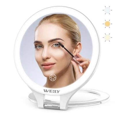 Afbeelding van WEILY make upspiegel, 10 x / 1 x, reisspiegel met licht, dubbelzijdig, oplaadbaar, 3 gekleurde lampjes voor up, pincet, mee eters en verwijdering van