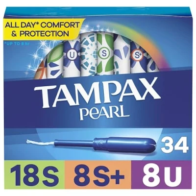 Afbeelding van Tampax Pearl Tampons Trio Pack, Super/Super Plus/Ultra Absorbency with BPA Free Plastic Applicator and LeakGuard Braid, Unscented, 34 Count