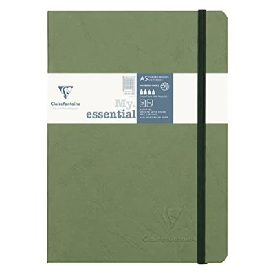 Afbeelding van Clairefontaine 793423C Age Bag Collectie Groen Elastisch Gebonden Notitieboek My.Essential A5 14,8x21cm 192 Genummerde Pagina&#039;s Vierkante Ruitjes Ivoor Papier 90g Glanzende Karton, Lederen Kaft