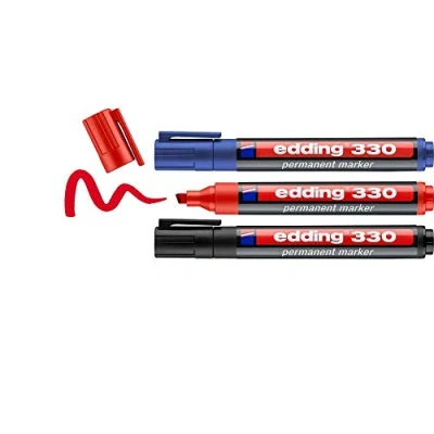 Afbeelding van edding 330 permanent marker zwart, rood, blauw 3 stiften beitelpunt 1 5 mm watervast, sneldrogend wrijfvast voor karton, kunststof, hout, metaal, glas