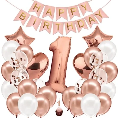 Afbeelding van Verjaardag Decoratie Meisje Rose Goud Nummer 1e Gelukkige Slinger Folieballon 1 Ballon van Kinderen