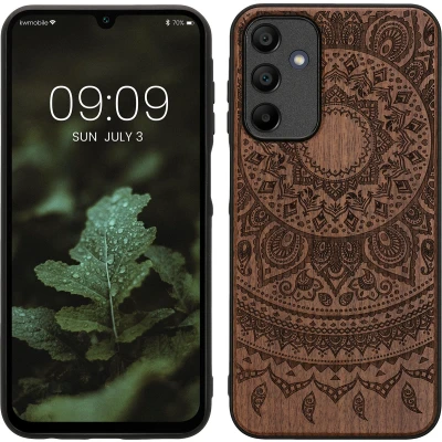 Afbeelding van kwmobile telefoonhoesje geschikt voorSamsung Galaxy A15 5G Hoesje met bumper hout In donkerbruin Indian Sun design